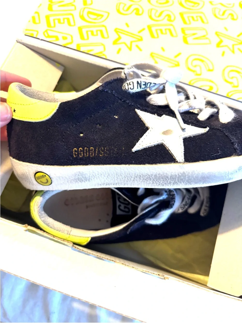 Golden Goose Kids Navy Suede Star Sneaker with Neon Yellow Heel size 30